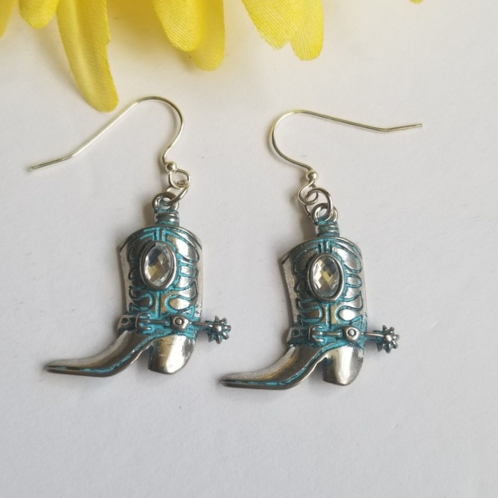 Silver--colored dangle Boots Cowboy Earrings.